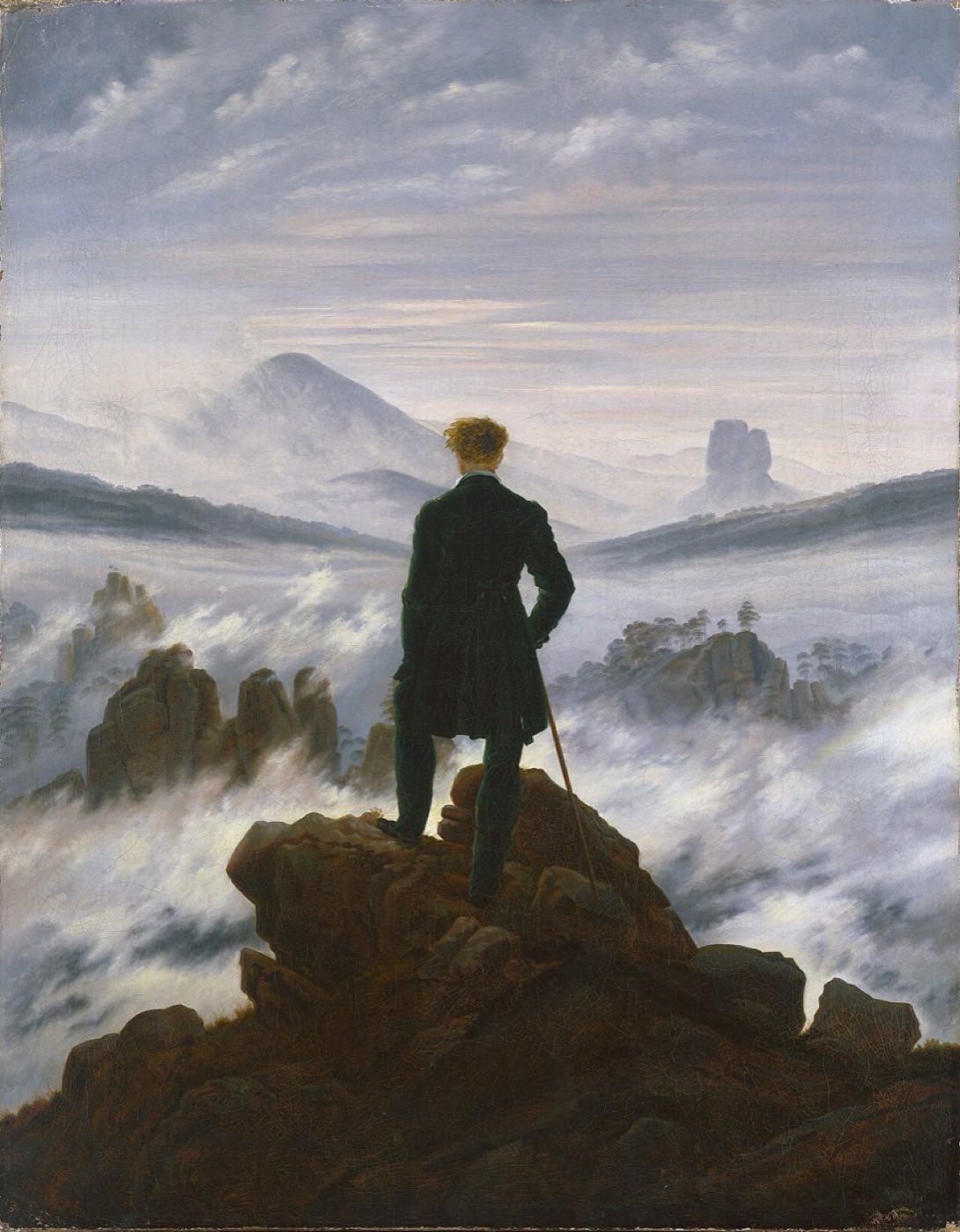 Caspar David Friedrich, Wanderer above the Sea of Fog: a man on a summit looking out over clouds and distant peaks.
